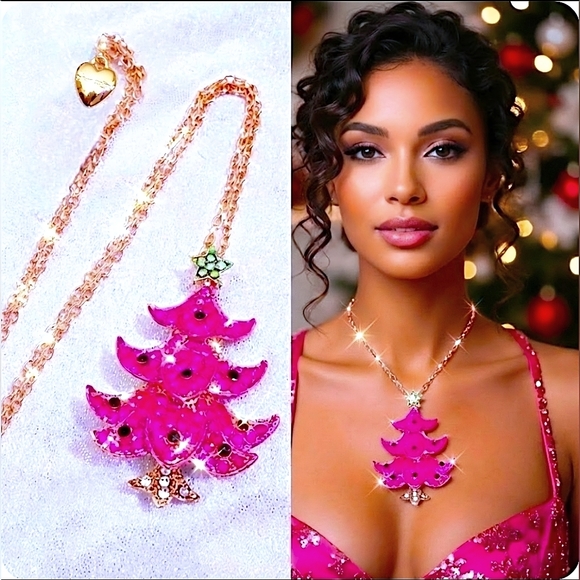 Gold-plated pink and green crystal Christmas tree necklace/broach - Picture 1 of 11